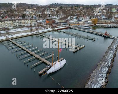 Winter afternoon aerial images of Watkins Glen, NY, south end of Seneca Lake. Stock Photo