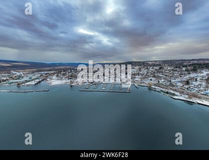 Winter afternoon aerial images of Watkins Glen, NY, south end of Seneca Lake. Stock Photo