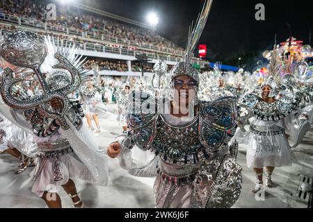 Rio De Janeiro, Brazil. 18th Feb, 2024. Revelers participate in the carnival parade in Rio de Janeiro, Brazil, on Feb. 18, 2024. Credit: Wang Tiancong/Xinhua/Alamy Live News Stock Photo