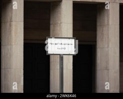 Platz des Volksaufstandes von 1953 (place of the East German uprising) sign in Berlin. The historical memorial is a tourist attraction in the city. Stock Photo