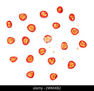 Top view set of red chili slices or pieces is isolated on white background with clipping path. Stock Photo