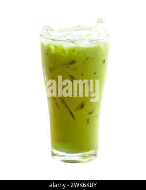Front view of Iced matcha green tea with condensed milk in transparent glass is isolated on white background with clipping path. Stock Photo