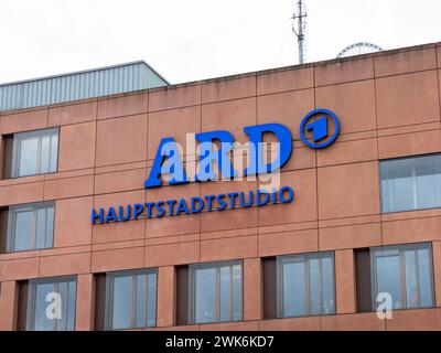 ARD Hauptstadtstudio (studio) logo sign on the building exterior in Berlin, Germany. The public broadcast service produces television shows and news. Stock Photo