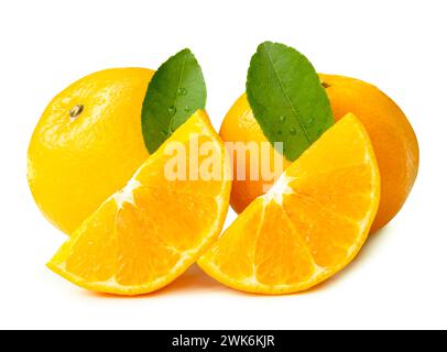 Front view of fresh shogun or tangerine mandarin orange fruits with slices or quarters and green leaves is isolated on white background with clipping Stock Photo