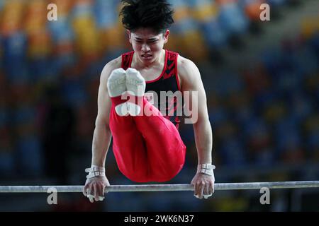 Cairo, Egypt. 18th Feb, 2024. Tanigawa Kakeru of Japan competes during the men's high bar final match at the 2024 FIG Artistic Gymnastics Apparatus World Cup series in Cairo, Egypt, on Feb. 18, 2024. Credit: Ahmed Gomaa/Xinhua/Alamy Live News Stock Photo