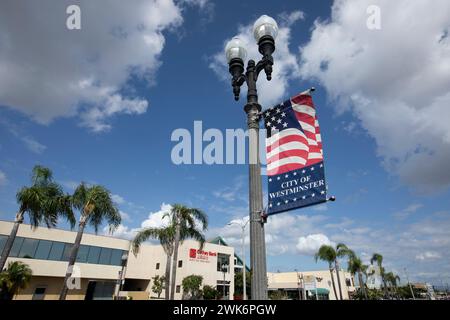 Westminster, California, USA - October 1, 2023: Afternoon light shines on city pole banners in the heart of Little Saigon. Stock Photo