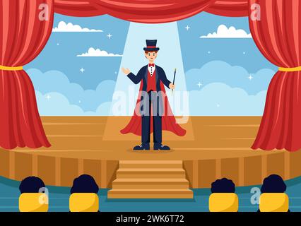 Magician Vector Illustration with Illusionist Conjuring Tricks and Waving a Magic Wand above his Mysterious Hat on a Stage in Flat Cartoon Background Stock Vector