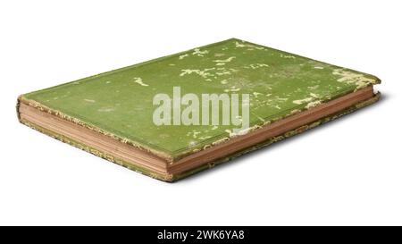 old used book with torn and worn green cover isolated on white background, classic novel or vintage cookbook with tear, crease and stain, mock-up temp Stock Photo