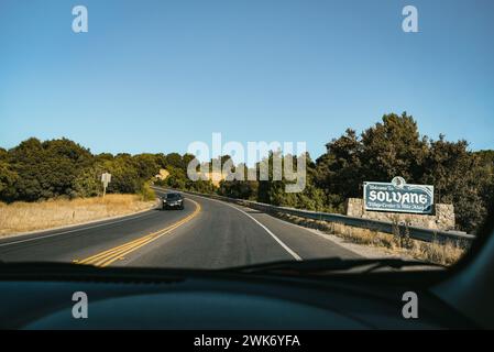 Driving past the Solvang Village Welcome Sign on Mission Dr - California, USA Stock Photo