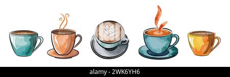 Set of watercolor coffee cups vector illustration. Stock Vector