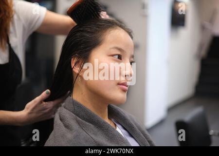 Woman sitting in a salon while hairdresser brushing her hair Stock Photo