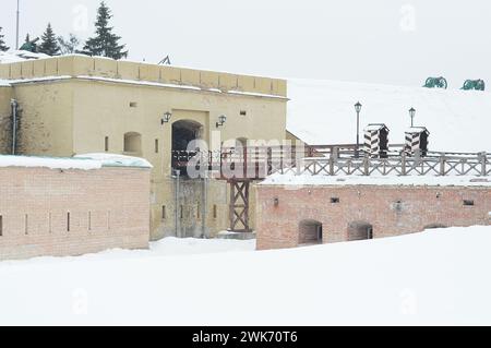 Kyiv, Ukraine. February 17, 2013. Kyiv fortress in winter, covered with snow. Historical military fortifications with walls, a bridge over a moat Stock Photo