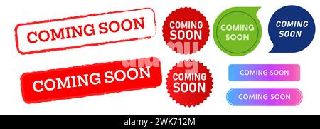 coming soon stamp speech bubble button and label sticker sign promotion marketing advertisement Stock Vector