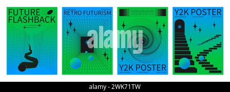 Set of retrowave techno banners. Vector realistic illustration of y2k aesthetic blue and green gradient posters with wireframe portal perspective, star icons, retro futuristic vibe collage flyers Stock Vector