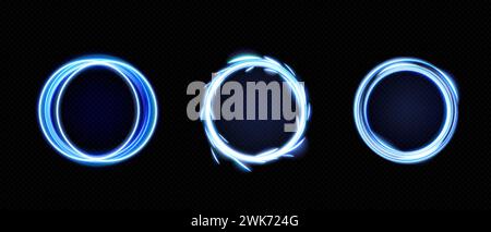 Blue round frames set isolated on transparent background. Vector realistic illustration of circular neon borders glowing with haze and shimmering particles, magic power effect, space portal design Stock Vector