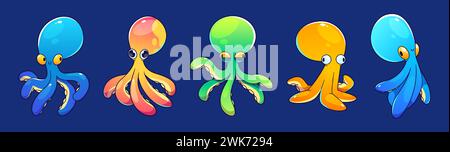 Set of octopus characters isolated on background. Vector cartoon illustration of blue, yellow, green, orange underwater creature with many tentacles and big eyes, water bubbles, sea animal mascot Stock Vector