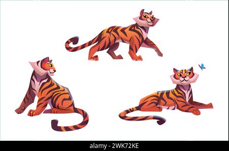 Young tiger cartoon character in different poses with face emotions. Vector illustration set of wild animal with orange fur with black stripes standing, sitting and lying looking to butterfly. Stock Vector