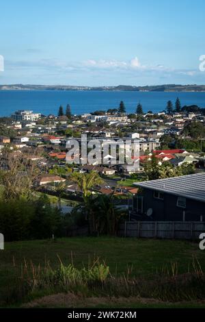 Looking across Orwa town to the Pacific Ocean, Orewa, Auckland, North Island, New Zealand Stock Photo