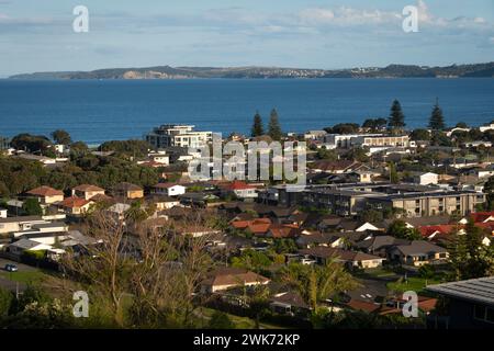 Looking across Orwa town to the Pacific Ocean, Orewa, Auckland, North Island, New Zealand Stock Photo