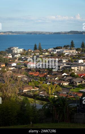 Looking across Orwa town to the Pacific Ocean, Orewa, Auckland, North Island, New Zealand Stock Photo