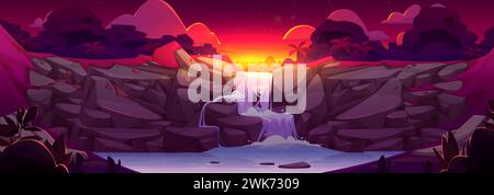 Jungle waterfall landscape at sunrise. Vector cartoon illustration of river falling down mountain stone cascade, exotic tropical scenery, palm trees on hill, orange and pink sunlight on horizon Stock Vector