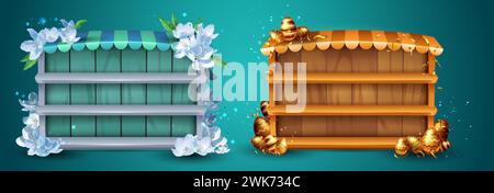 Game shop frames set isolated on background. Vector realistic illustration of empty wooden shelves decorated with spring flowers, easter eggs, golden confetti, festive design for organic goods store Stock Vector