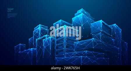 Abstract smart city panorama in futuristic digital polygonal style. Stock Vector