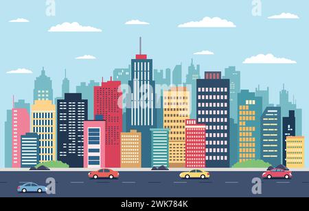 Highway Street in City with Cityscape Building Flat Design Illustration Stock Vector