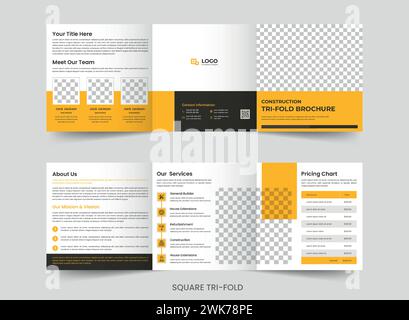 Construction and renovation square trifold brochure template design or real estate promotion Brochure leaflet Stock Vector