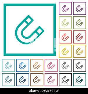 Horseshoe magnet outline flat color icons with quadrant frames on white background Stock Vector
