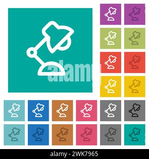 Desk lamp outline multi colored flat icons on plain square backgrounds. Included white and darker icon variations for hover or active effects. Stock Vector