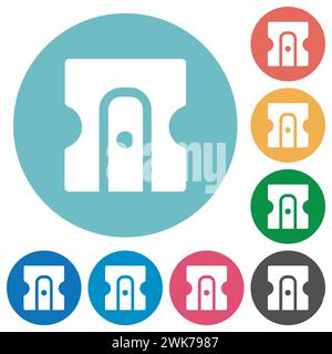 Pencil sharpener solid flat white icons on round color backgrounds Stock Vector