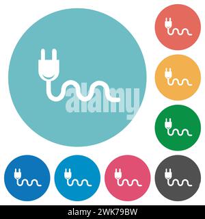 Socket plug and cable solid flat white icons on round color backgrounds Stock Vector