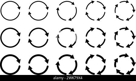 Circle arrow icons set. Round thin and thick reload, restart, recycle and repeat symbol. One, two, three, four, five arrow in loop. Round repeat icon Stock Vector