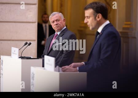 Paris, France. 18th Feb, 2024. -French oresudent Emmanuel Macron receives King Abdullah II of Jordan, at the Elysee Palace, in Paris, France, on February 16, 2024. Photo by Balkis Press/ABACAPRESS.COM Credit: Abaca Press/Alamy Live News Stock Photo