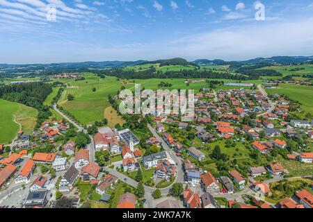 Aerial view to Simmerberg as a suburb of the Weiler-Simmmerberg market town in the district of Lindau Stock Photo