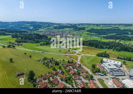 Aerial view to Simmerberg as a suburb of the Weiler-Simmmerberg market town in the district of Lindau Stock Photo