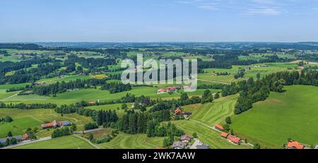 Aerial view to Simmerberg as a suburb of the Weiler-Simmmerberg market town in the district of Lindau Stock Photo