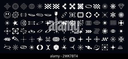 Retro Y2K futuristic elements vector graphic assets set. Bold modern shapes object in Y2K style. Stock Vector