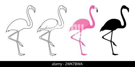 Pink flamingo silhouette birds illustration vector Set Stock Vector
