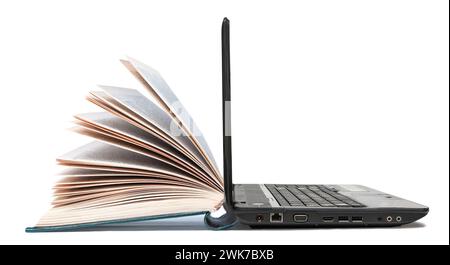 Open notebook and open book as a complete unit, isolated on a white background Stock Photo