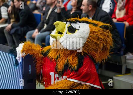 18.02.2024, Friedrich-Ebert-Halle Ludwigshafen: Die Eule, das Maskottchen des Handball-Zweitligisten Eulen Ludwigshafen Stock Photo