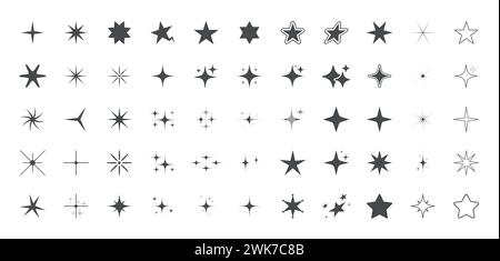 Stars flat line icons set. Retro futuristic sparkle vector collection. Modern geometric elements abstract symbol Stock Vector