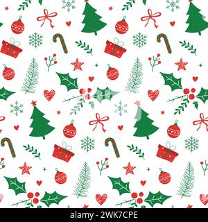 Christmas tree with Christmas ornament with red and green color, Winter seamless pattern Stock Vector
