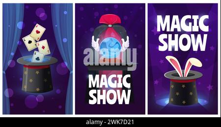 Magician accessories cards. Illusionists show invitation. Illusion tricks with top hat or magic wand. Fortune telling by Oracle crystal ball. Rabbit e Stock Vector