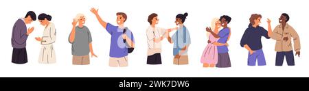 Greeting gestures. People communication. Handshaking men. Welcome gesturing. Women waving hands. Happy friends hugging or patting on shoulders. Partne Stock Vector