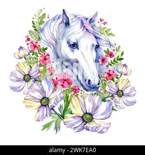 Brown Horse in floral plant spring frame, circle, wreath with anemones isolated on white background. Portrait, head. Watercolor. Illustration Stock Photo