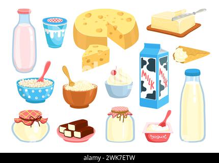 Cartoon milk products. Dairy organic food. Yoghurt bottle. Cheese and ice cream. Source of calcium. Natural curd and butter. Drink tetrapacks. Healthy Stock Vector