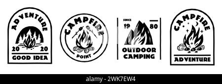 Campfire black labels. Adventure emblems with bonfires. Monochrome stickers. Tourist hiking elements. Forest and mountains. Fire flame burning Stock Vector