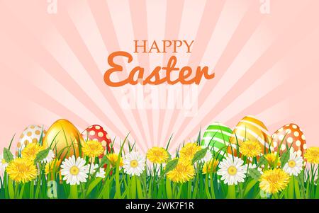 Easter eggs colored, green grass daisy and dandelion Stock Vector